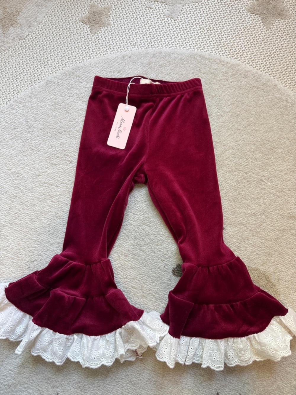 NWT Marie Nicole Burgundy Velvet Ruffle Pants with White Lace Size 2T/S